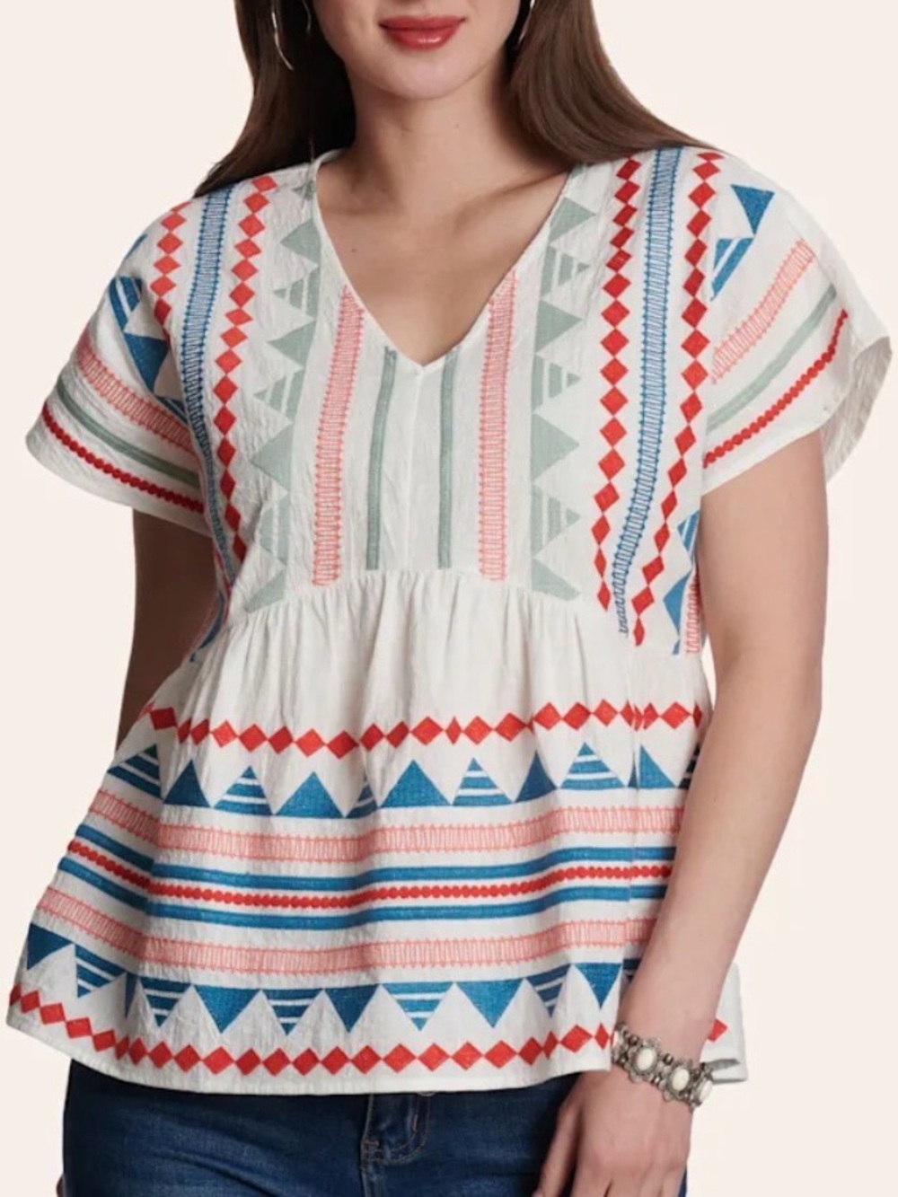 Embroidered White V-Neck Peasant Top with Blue & Red Geometric Print